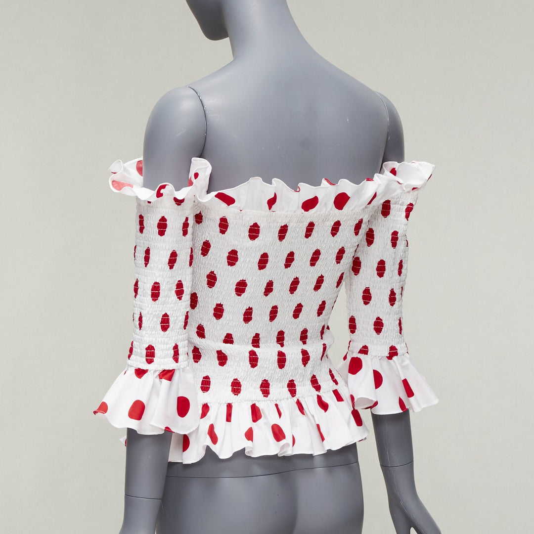 CAROLINE CONSTAS white red polka dot cotton ruffle ruched top XS