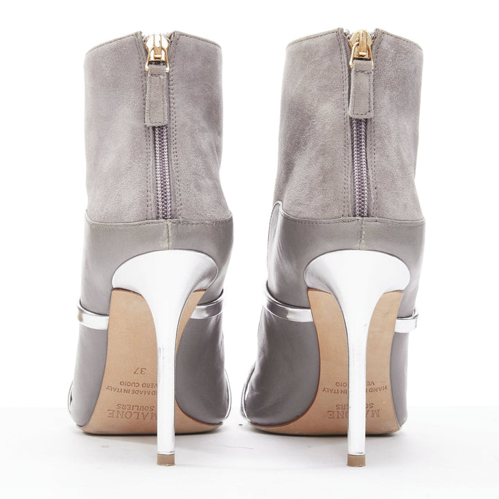 MALONE SOULIERS grey suede silver patent strap stiletto heeled booties EU37