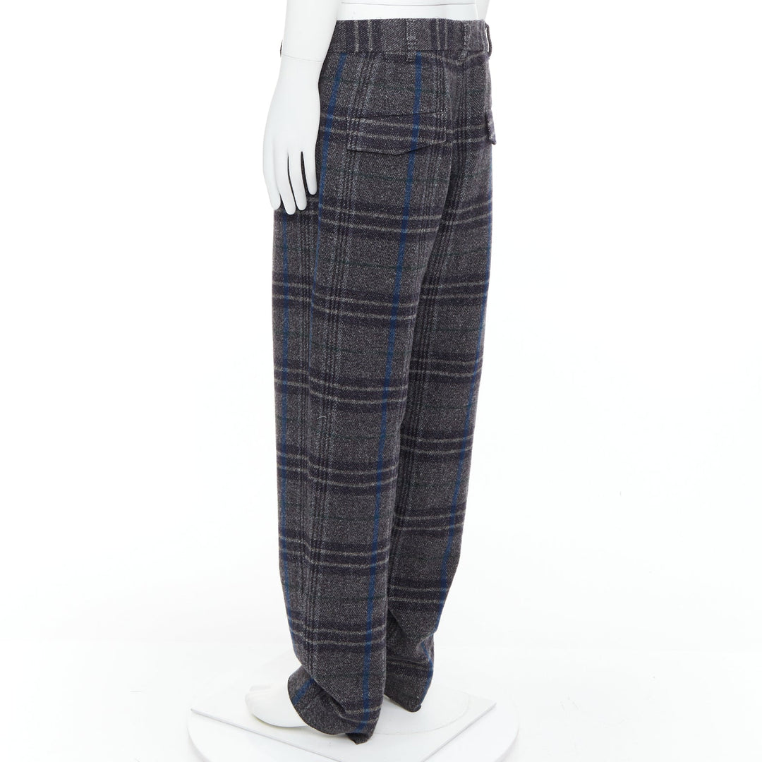 YOHJI YAMAMOTO grey blue 100% wool checkered wide tapered pants JP3 L
