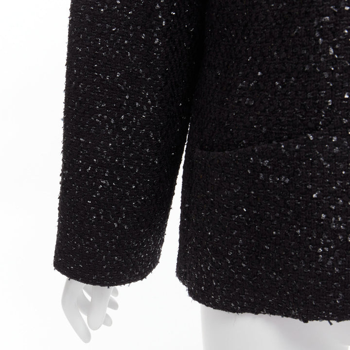 CHANEL 2019 Fantasy Tweed black lurex CC logo button power jacket FR46 XXL