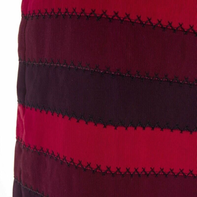 MARY KATRANTZOU red purple stripe ribbon overstitched fitted midi skirt UK8 26"