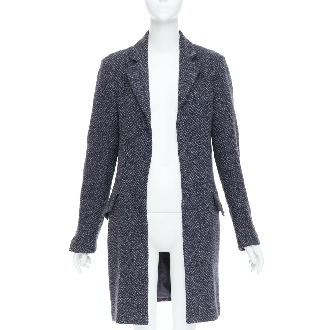 CHANEL Karl Lagerfeld 08A grey navy herringbone tweed long coat FR46 3XL