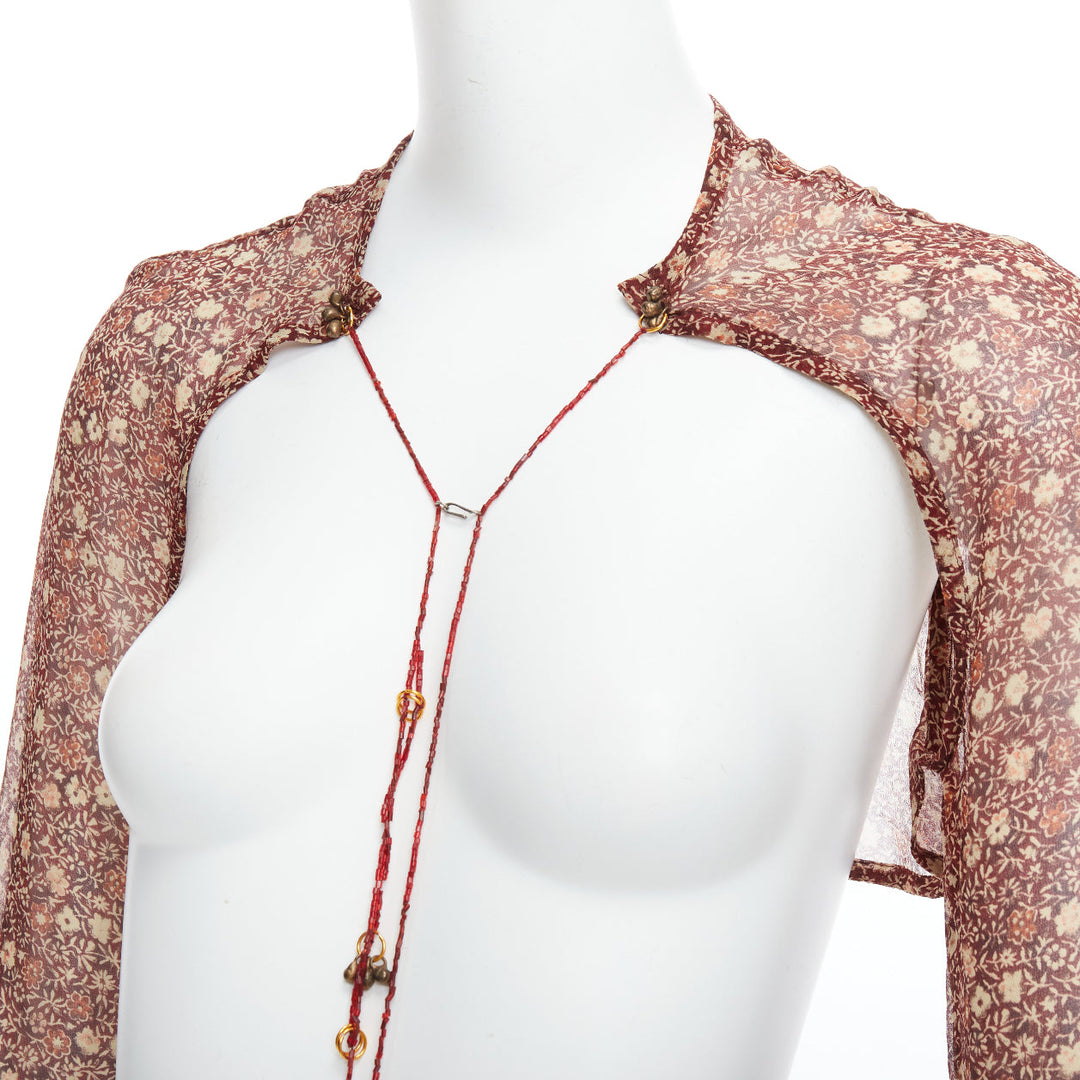 rare DRIES VAN NOTEN Vintage 90s brown silk ethnic fur charm crop top FR36 S