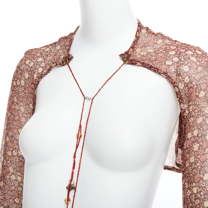 rare DRIES VAN NOTEN Vintage 90s brown silk ethnic fur charm crop top FR36 S
