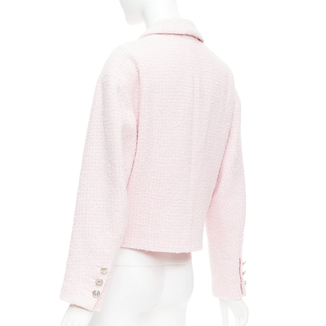 CHANEL 21P pink cotton tweed CC button double breasted cropped jacket FR38 M
