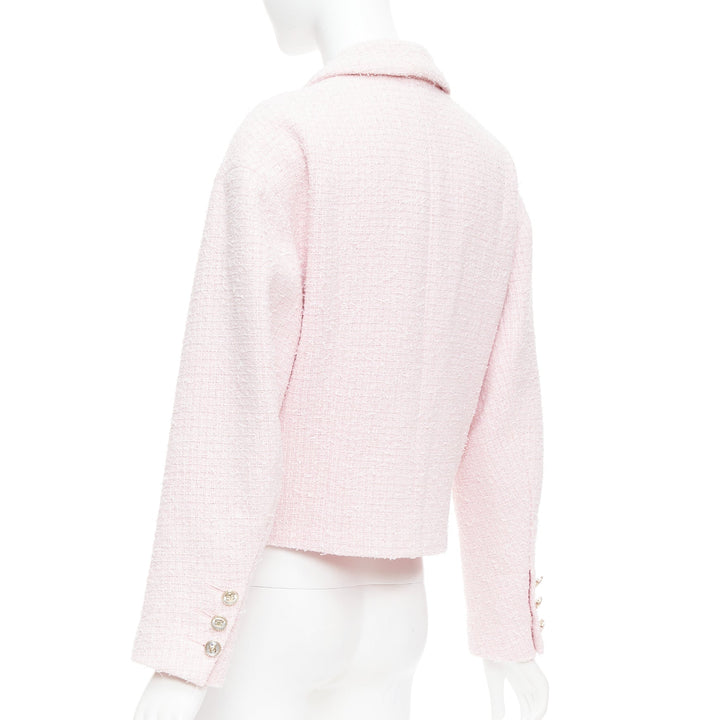 CHANEL 21P pink cotton tweed CC button double breasted cropped jacket FR38 M