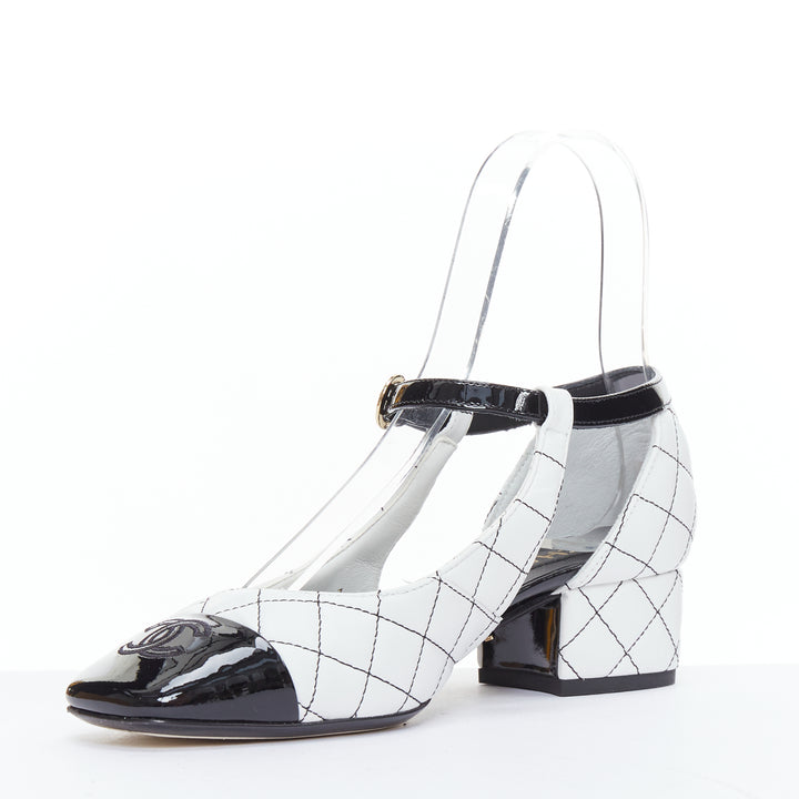 CHANEL 2022 black white quilted topstitch patent cap toe maryjane heels EU36.5
