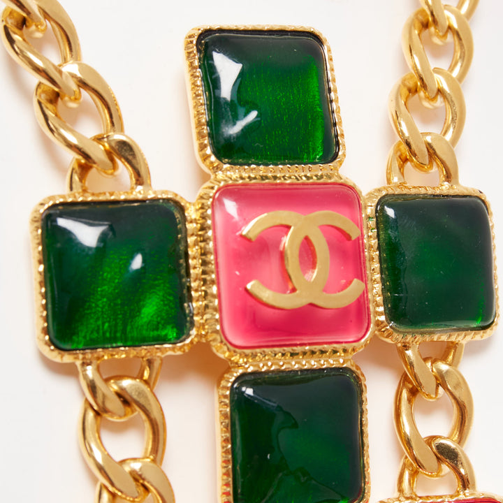 rare CHANEL B20K green pink red gripoix gold CC logo byzantine princess necklace