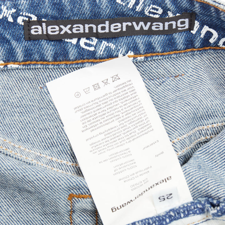 ALEXANDER WANG Bite blue denim crystal rhinestone hotfix logo mini shorts 25"