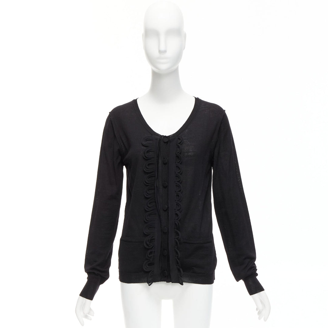 CHLOE black wool military scallop loop ruffle scoop neck cardigan M
