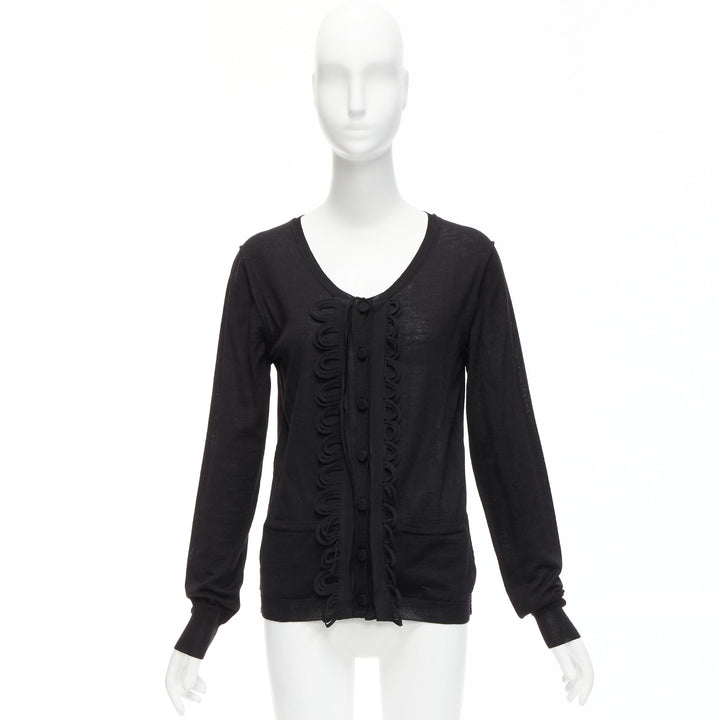CHLOE black wool military scallop loop ruffle scoop neck cardigan M
