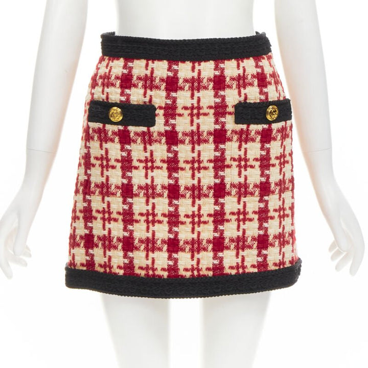 GUCCI red beige checkered tweed gold tone GG button mini skirt IT36 XXS