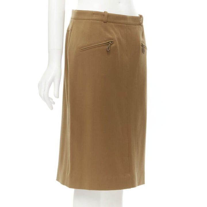 HERMES brown wool blend leather Sellier zipper pocket pencil skirt FR42 L