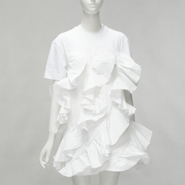 ALEXANDER MCQUEEN 2022 Hybrid white spiral ruffle cotton tshirt dress IT36 XS
