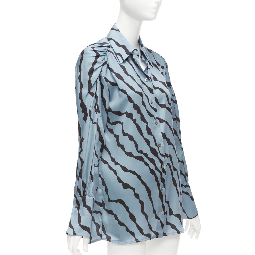 VVB VICTORIA BECKHAM blue black diagonal stripe asymmetric shoulder shirt UK10 M