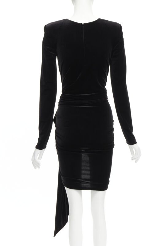 ALEXANDRE VAUTHIER black velvet plunge neck wrap bow draped mini dress FR34 XS