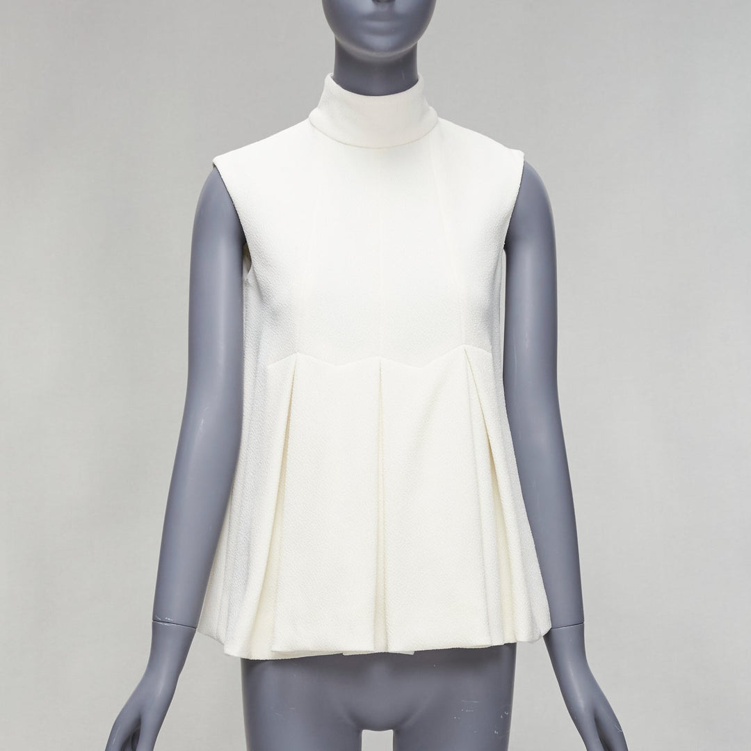 EMILIA WICKSTEAD cream crepe pleated front panel hi neck peplum top UK6 XS