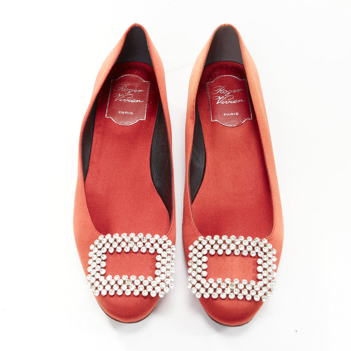 ROGER VIVIER red satin silver strass crystal buckle classic dress flats EU36.5