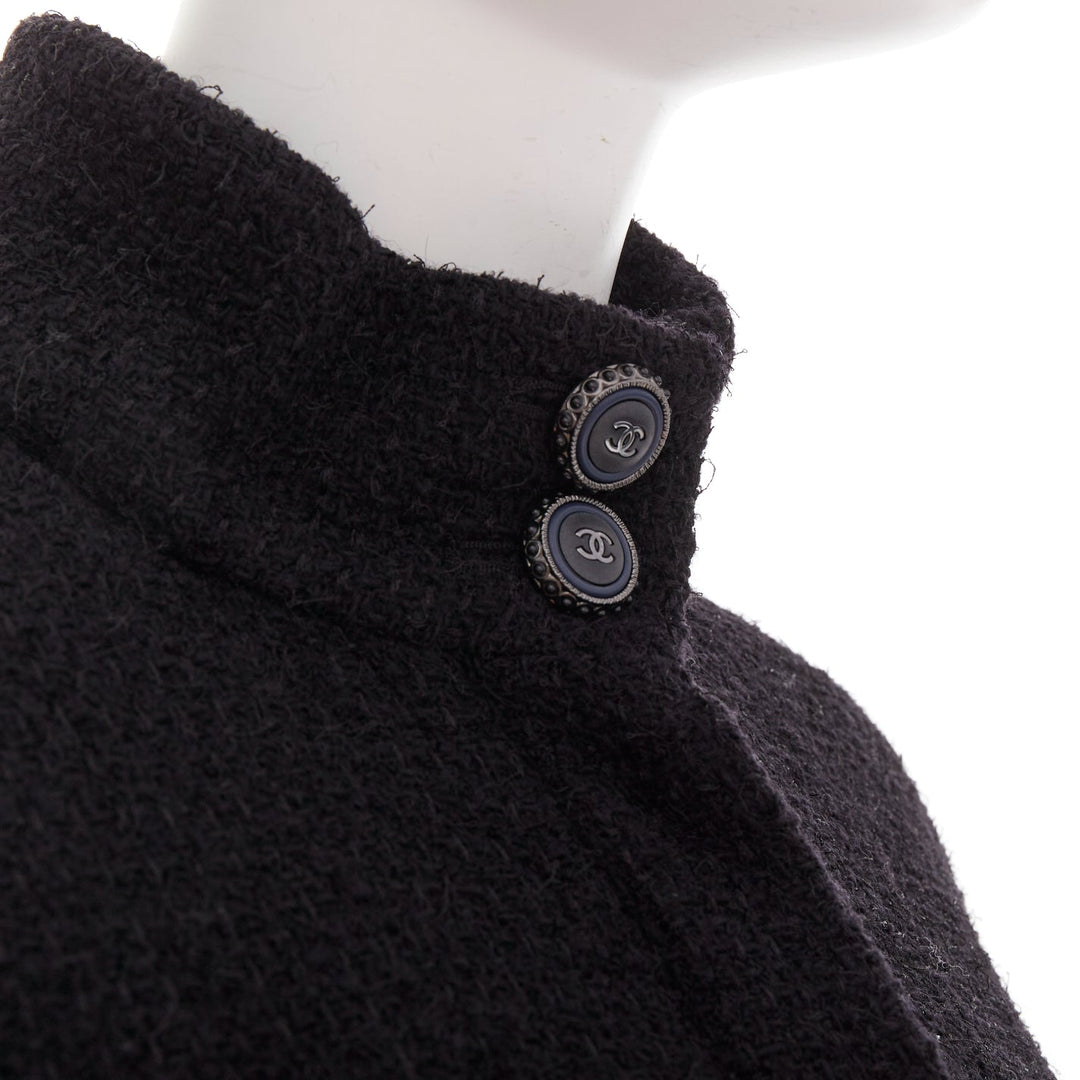 CHANEL 19A black wool tweed CC logo buttons high collar crop jacket FR34 XS