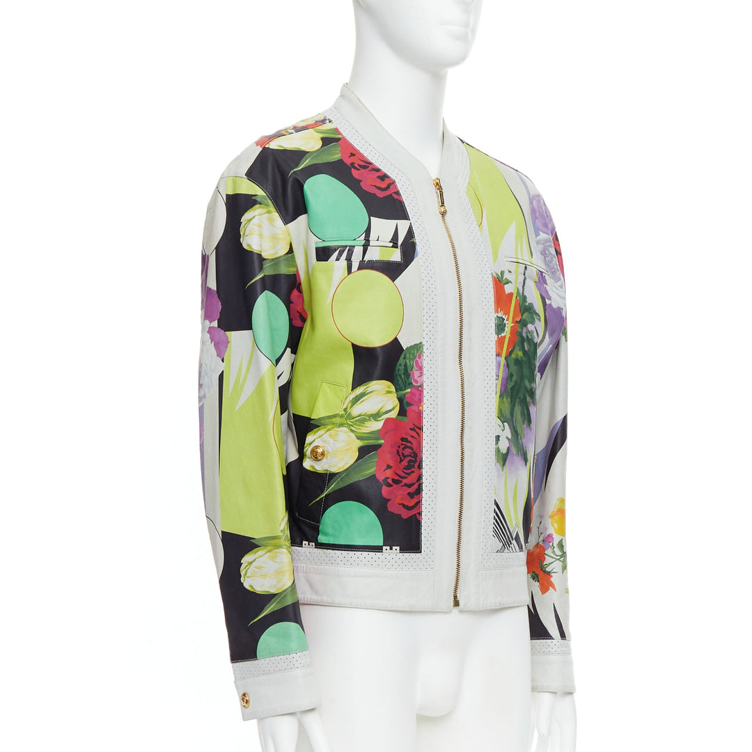 VERSACE 2013 Runway white leather geometric tropical print bomber IT50 L