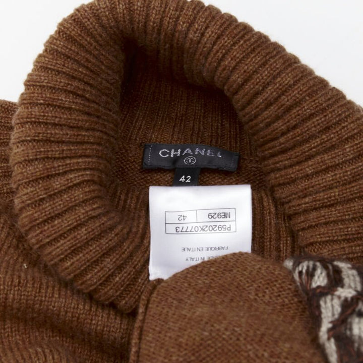 CHANEL 95% cashmere brown yellow CC logo intarsia turtleneck sweater FR42 XL