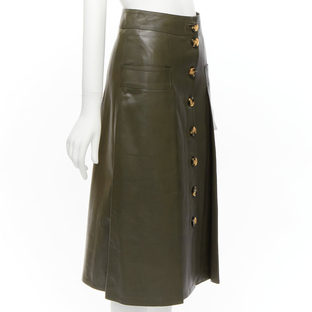 DODO BAR OR dark green genuine leather shell button pocketed pleated skirt IT40