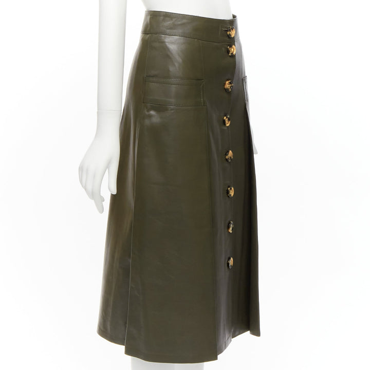 DODO BAR OR dark green genuine leather shell button pocketed pleated skirt IT40