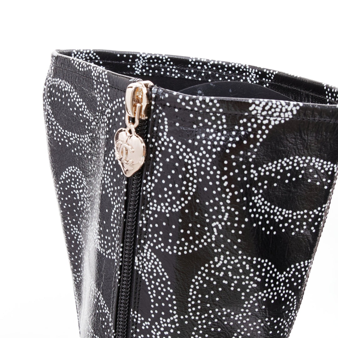 CHANEL 23A Runway white black CC camellia dotted logo print tall boots EU39