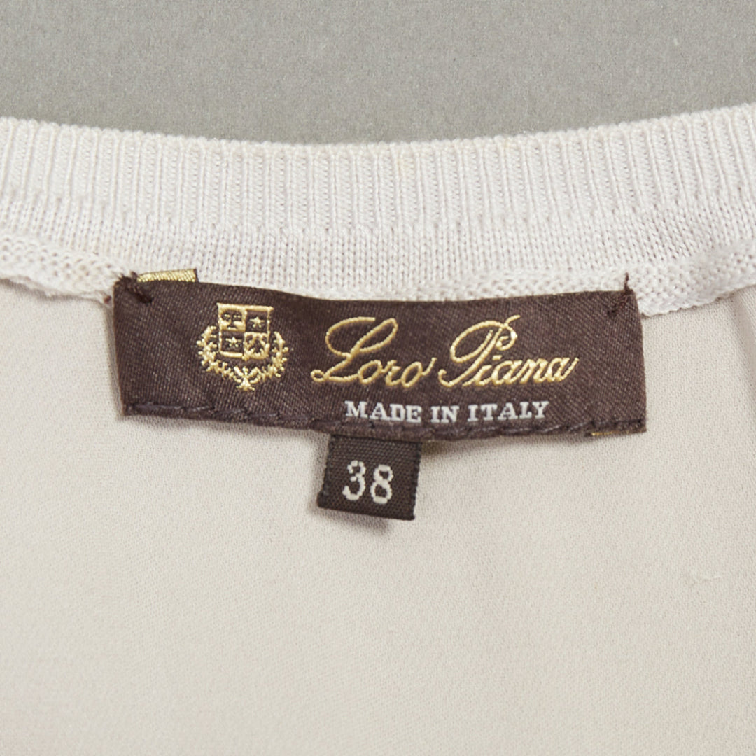 LORO PIANA grey silk bi fabric  raglan short sleeve logo charm top IT38 XS