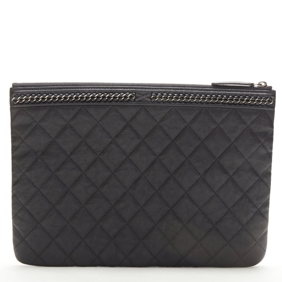 CHANEL Large Boy O Case black quilted leather chain trim flat pouch clutch bag