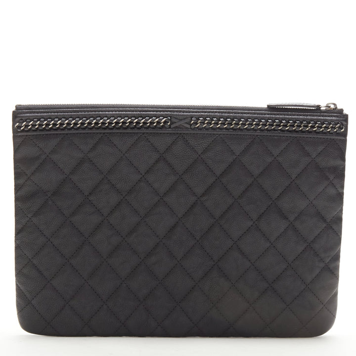 CHANEL Large Boy O Case black quilted leather chain trim flat pouch clutch bag