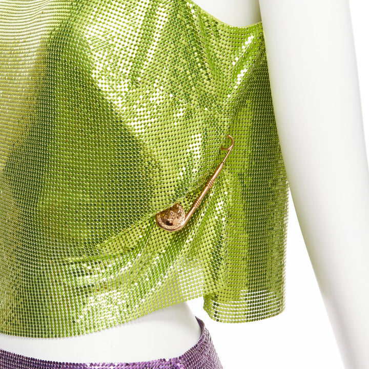 rare VERSACE 2022 Runway green purple metal chainmail safety pin top skirt IT38