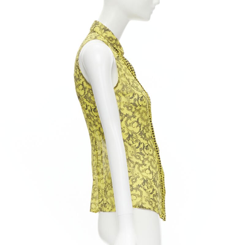 VERSACE yellow silk Baroque print dot pleated collar sleeveless shirt IT40 S