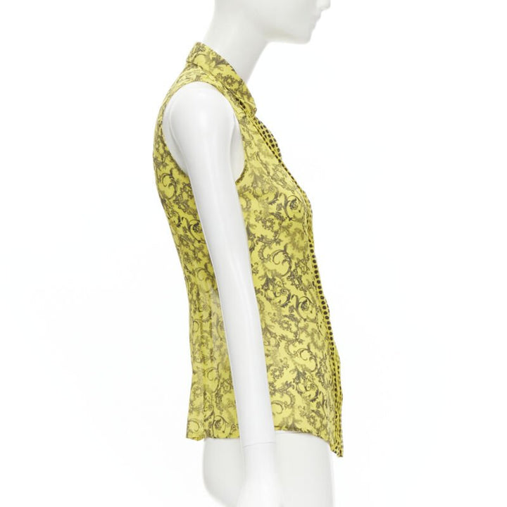 VERSACE yellow silk Baroque print dot pleated collar sleeveless shirt IT40 S