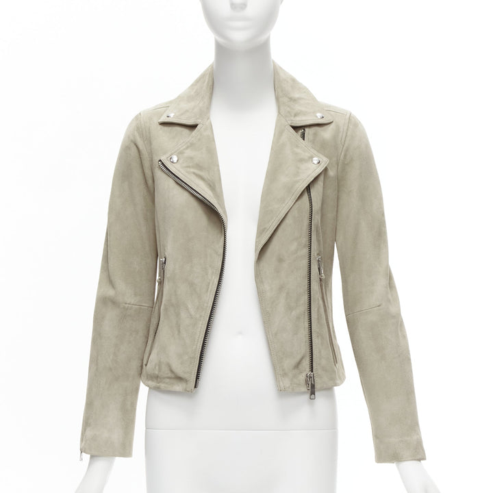 ALL SAINTS Dalby grey goat suede silver hardware classic biker jacket UK6 XS