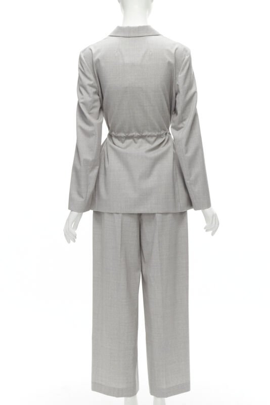 THEORY Drape wool grey drawstring cinched waist blazer wide leg pants set US6 S