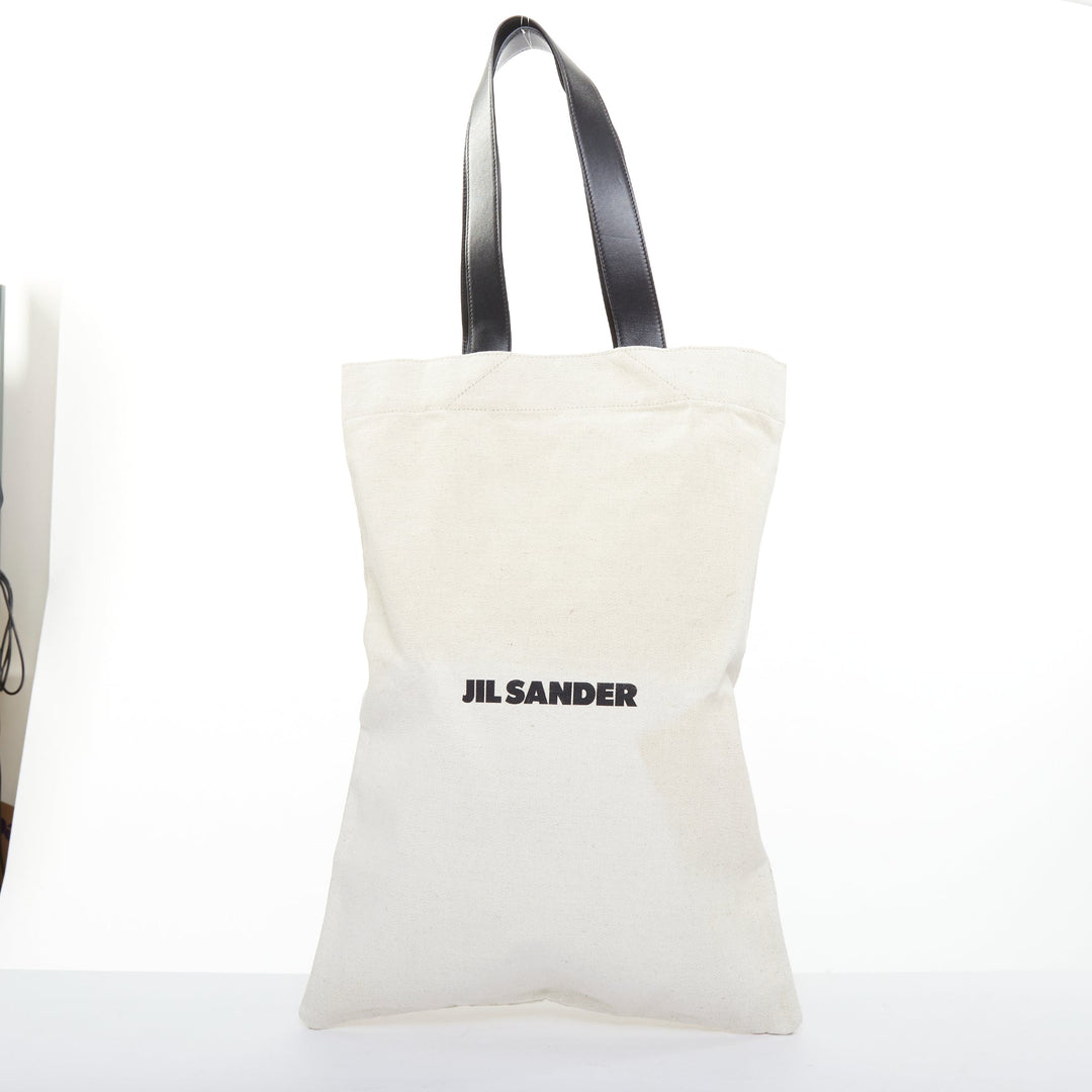 JIL SANDER Logo Print Canvas Long Tote beige canvas black leather trim bag