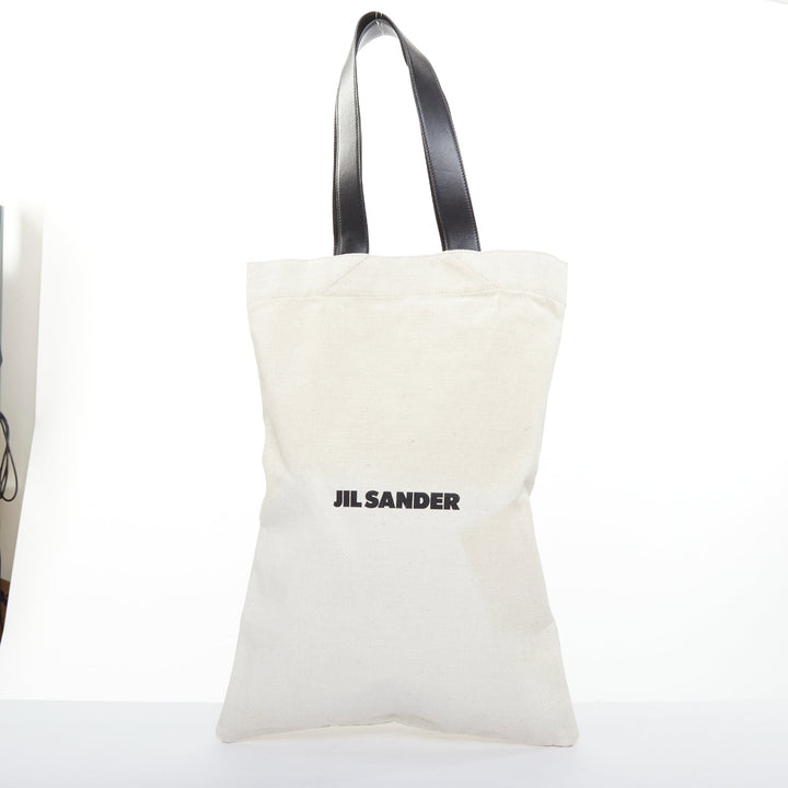 JIL SANDER Logo Print Canvas Long Tote beige canvas black leather trim bag