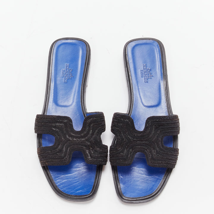 HERMES Oran H logo iconic black beaded blue insole sandals shoes EU 37