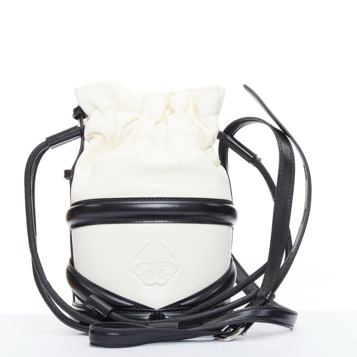 ALEXANDER MCQUEEN Soft Curve AM logo black white leather bucket bag