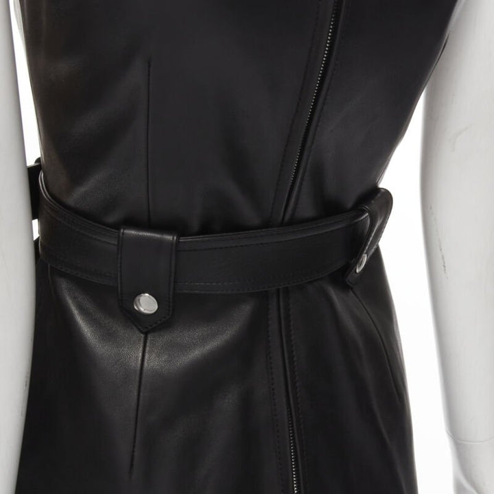 ALEXANDER MCQUEEN 2022 black leather biker belted ruffle trim dress IT38 XS