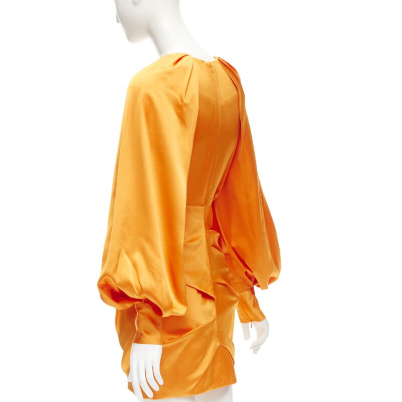 ACLER bright orange silky keyhole draped raglan puff sleeves mini dress US2 XS