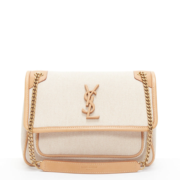 SAINT LAURENT Niki beige canvas brown leather trim logo flap crossbody chain bag