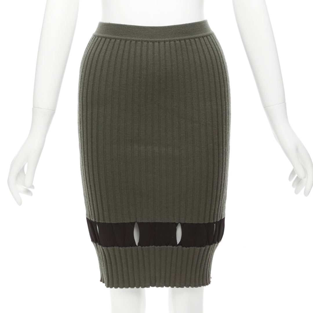 ALEXANDER WANG khaki black ribbed cut out pencil knee skirt XS