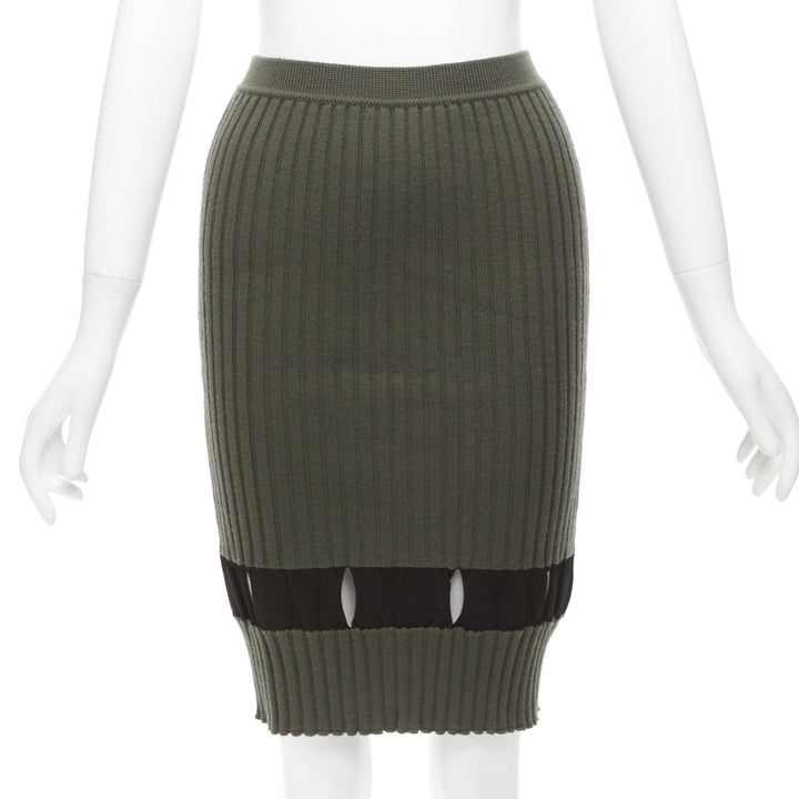 ALEXANDER WANG khaki black ribbed cut out pencil knee skirt XS