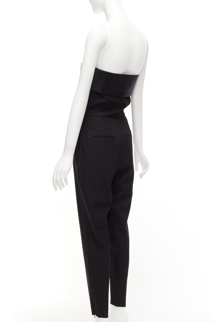 SAINT LAURENT 2014 black virgin wool silk strapless satin panel jumpsuit FR38 M
