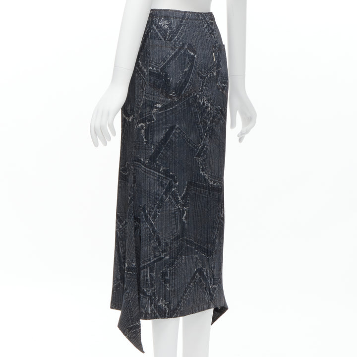ISSEY MIYAKE PLEATS PLEASE dark blue denim patchwork print pleated skirt JP2 M