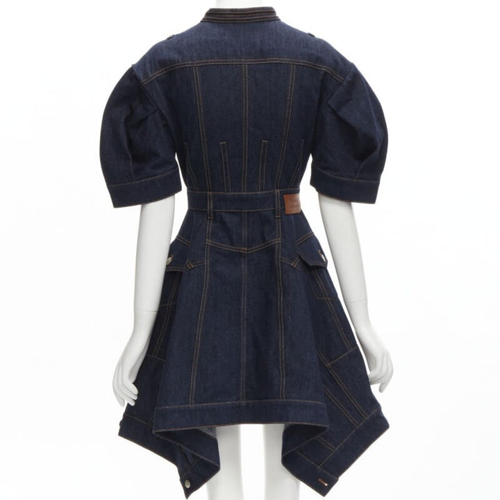 ALEXANDER MCQUEEN 2022 indigo blue denim corset rounded sleeve dress IT38 XS