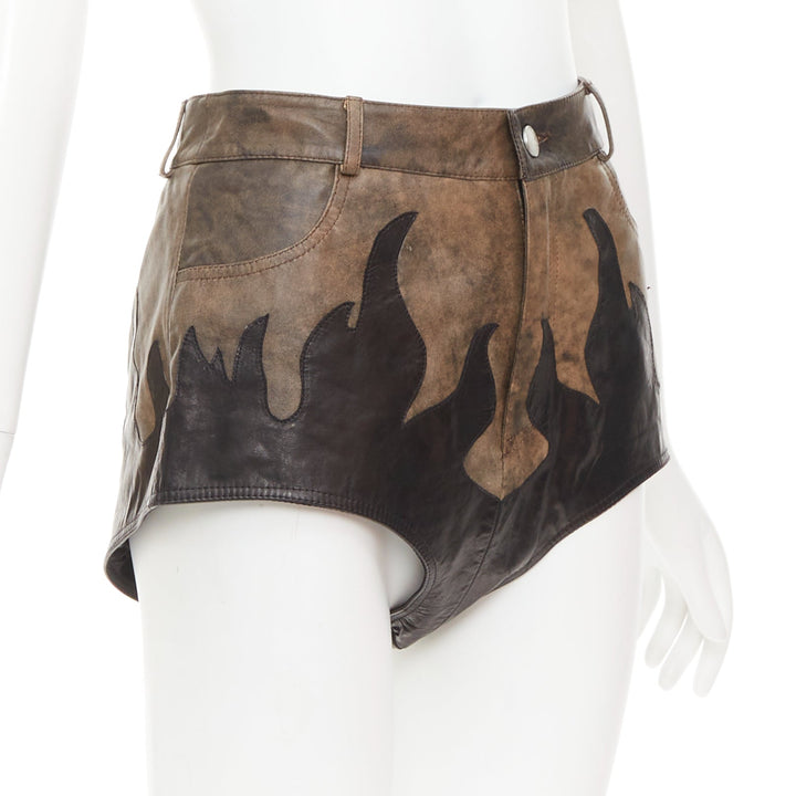 ALESSANDRA RICH brown black sheepskin leather patchwork flame shorts IT40 S