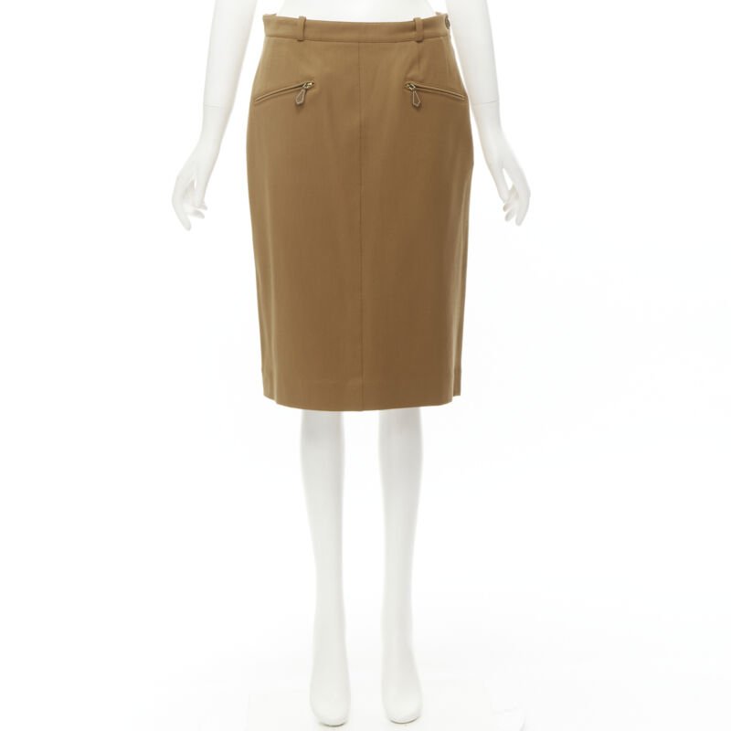 HERMES brown wool blend leather Sellier zipper pocket pencil skirt FR42 L